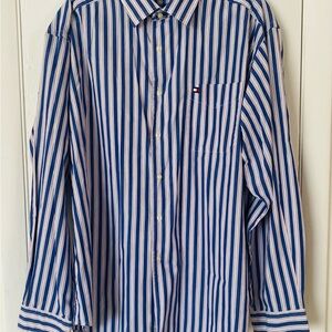 Tommy Hilfiger Blue & White Stripe Button-Down Shirt 100% Cotton Mens XL Classic